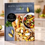 fertility cookbook standing on the kitchen countertop with fresh veggies and herbs in the background